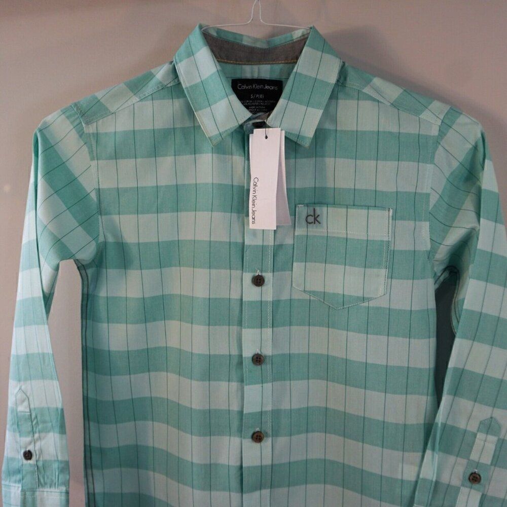 Calvin Klein Jeans Shirt Boys Sz 8 (S) Button Up Plaid Green White New Tags